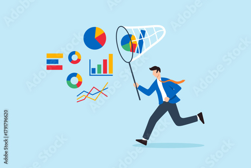 Flat illustration of businessman chasing flying charts and graphs with net symbolizing data collection business intelligence analytics big data management and market research