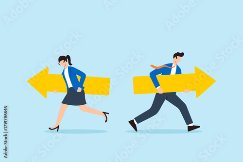 Flat illustration of businesswoman and businessman running in opposite directions carrying large arrows symbolizing disagreement competition workplace conflict and divergent business strategies