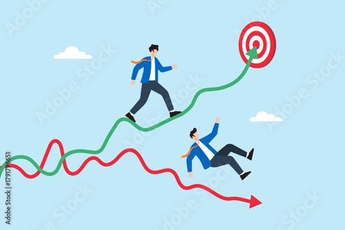 Flat illustration of businessman walking confidently on rising green graph toward target while another falls from unstable red line symbolizing career growth stability and overcoming challenges