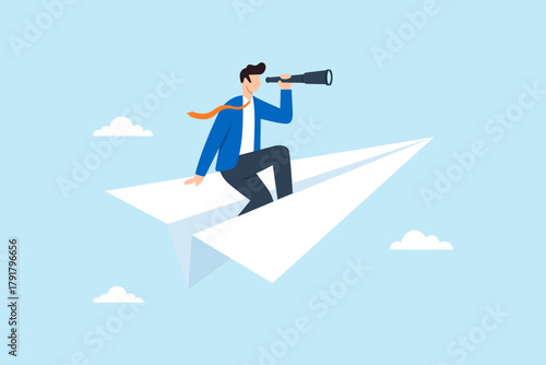 Flat illustration of businessman flying on paper airplane while using telescope to explore future opportunities symbolizing vision strategic planning innovation and exploration