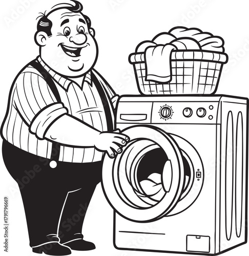 Cheerful cartoon man in suspenders happily doing laundry with a frontload washing machine.