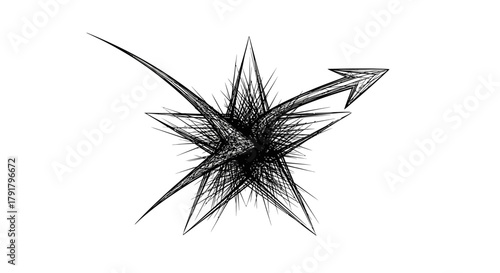A dynamic hand-drawn star bursts with energy, featuring a sharp arrow indicating forward momentum and explosive impact, rendered in a grunge sketch style.