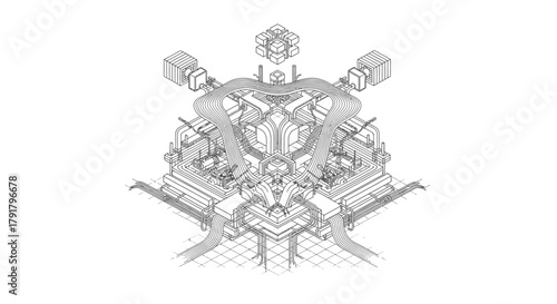 An intricate isometric line art rendering depicting a complex, symmetrical futuristic mechanism with detailed pipes, conduits, and architectural components.