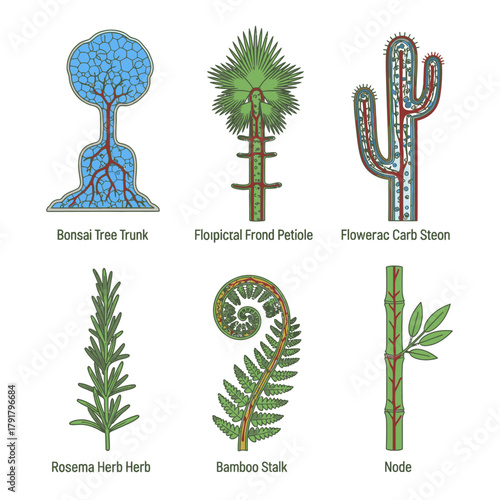 A vibrant collection of six distinct stylized botanical illustrations, depicting various plant structures and their intricate internal systems.