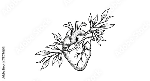 A black and white illustration shows an anatomical heart intertwined with leafy branches, symbolizing life, growth, and nature's profound connection.