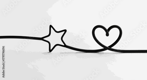 A sleek black wire gracefully forms a delicate star and a charming heart, connected by a continuous line on a pristine white background, symbolizing dreams and love.