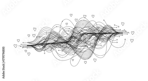 An intricate abstract digital network visualizes emotional connections and data flow through a complex system of intertwined lines and heart symbols.