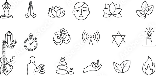 Spiritual wellness icon set with yoga, meditation, crystals, nature, mindfulness, balance, healing, and holistic symbols in line style