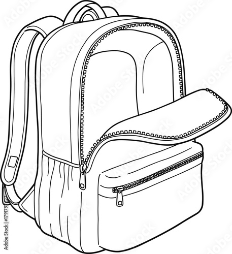 Modern open backpack with front zipper pocket and spacious compartment, detailed line art design for travel, school, and hiking use