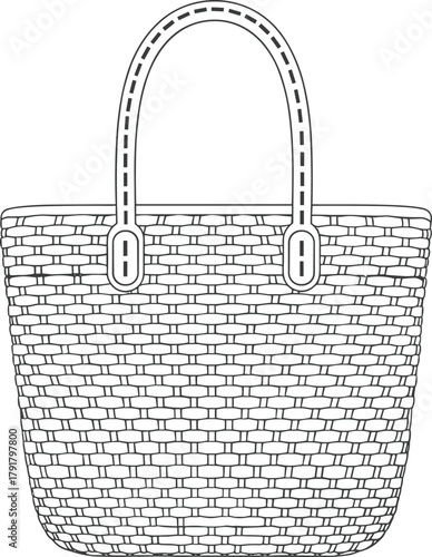 Stylish woven straw tote bag illustration, handmade basket design for summer fashion, eco friendly reusable shopping and beach use