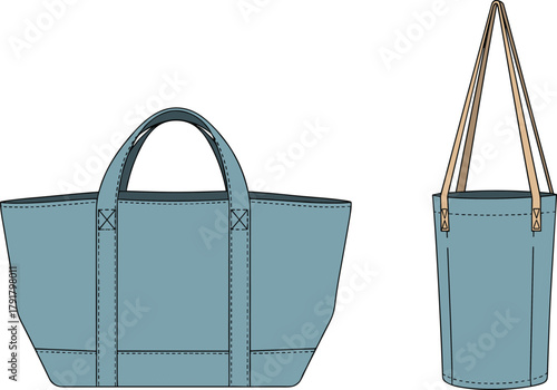 Stylish blue tote and bucket bag illustration, minimalist fashion accessory design for reusable eco shopping and modern lifestyle product
