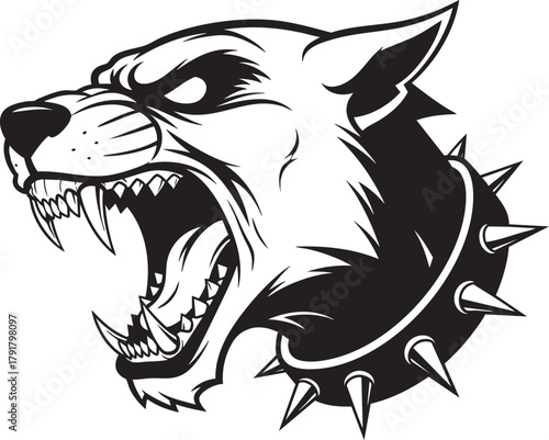 Fierce snarling dog head in profile with bared fangs and a heavy spiked collar.
