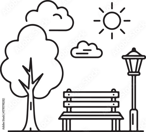 Public space with bench, tree, lamp post, clouds and sun