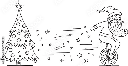 Funny cartoon Santa Claus with a long beard riding a unicycle towards a Christmas tree.