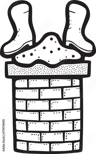 Handdrawn cartoon illustration of a pair of boots sticking upside down out of a round brick chimney top suggesting someone is stuck inside.