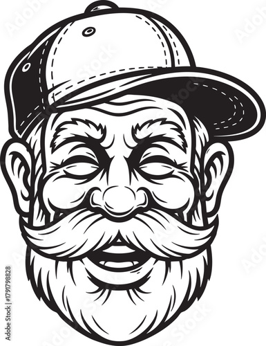 Joyful bearded man with a large mustache and closed eyes wearing a baseball cap.