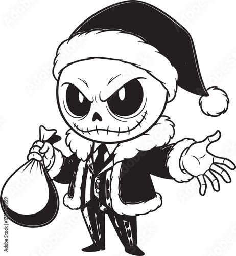 Menacing cartoon skeleton in a Santa hat and pinstripe suit holding a sack.
