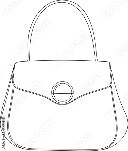 Elegant minimalist line drawing of a stylish leather handbag with curved flap, round clasp, and single handle fashion design