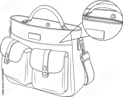 Detailed technical line drawing of stylish leather handbag with double front pockets, shoulder strap, handle, and zipper close-up design