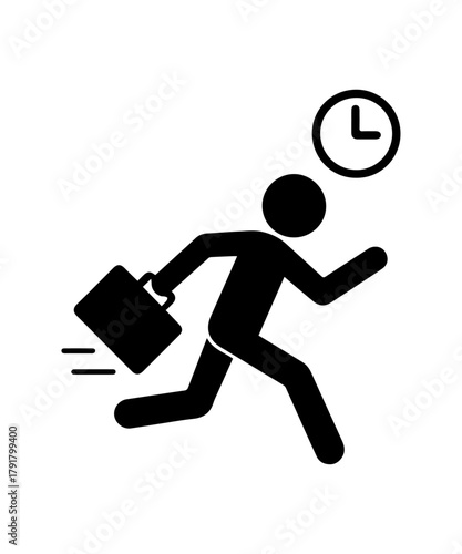 Stickman running with a briefcase and clock icon, representing being late for work, time management issues, urgency, deadlines, or daily hustle.