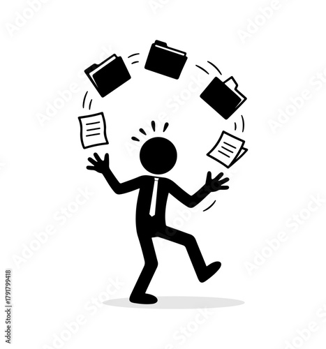 Business stickman juggling folders and papers, symbolizing multitasking, workload pressure, office chaos, and time management challenges.