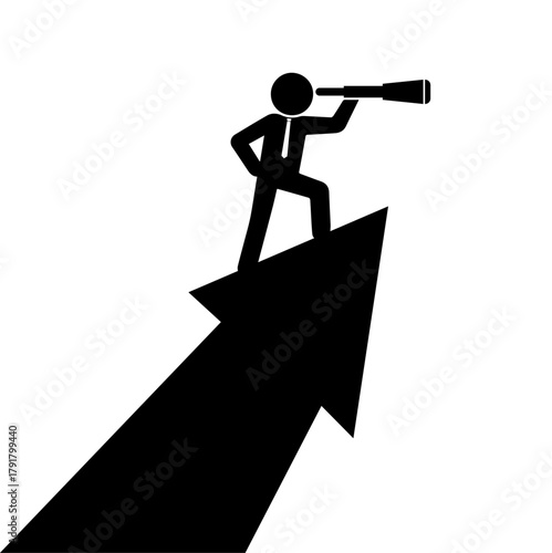Business stickman standing on an upward arrow looking through a telescope, symbolizing vision, planning, future growth, leadership, and strategic goals.