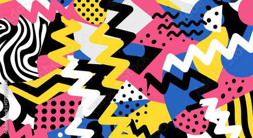 A vibrant and chaotic abstract pattern featuring bold geometric shapes, zigzags, and polka dots in bright colors.