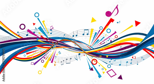 Colorful abstract music background with notes and geometric shapes.