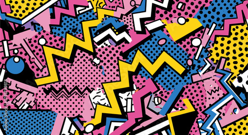 A vibrant and chaotic abstract pattern featuring bold geometric shapes and a retro 80s Memphis design aesthetic.