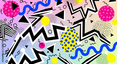 A vibrant 1980s Memphis Design style abstract background with geometric shapes and patterns.