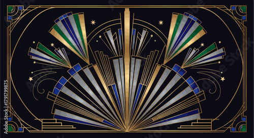 Elegant Art Deco fan design with radiating gold, silver, blue, and green geometric patterns on a dark background, evoking 1920s glamour.