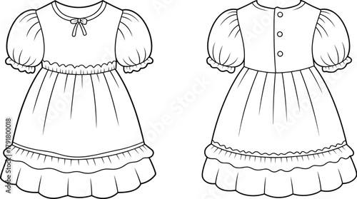Front and back view of cute girl dress with puff sleeves, scalloped trim, ruffled hem, sewing fashion illustration vector