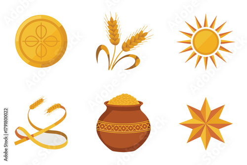 Flat color icons for festival, illustrating sun, wheat, pot, representing traditional symbols and joyous celebration,