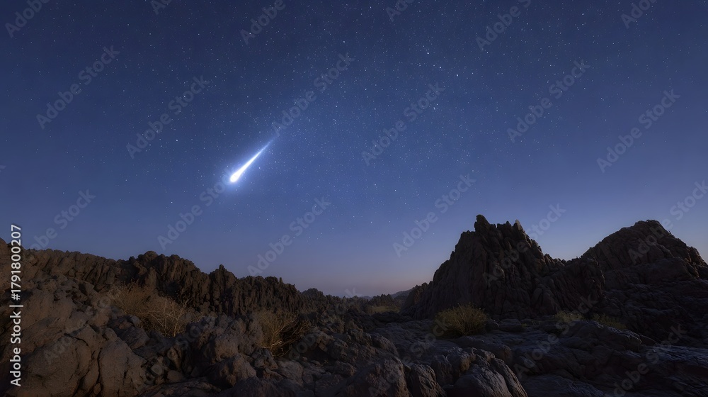 Fototapeta premium A bright meteor streaks across the starry night sky above a rugged rocky desert landscape