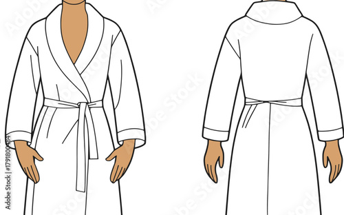 Front and back view of person wearing white bathrobe with belt, shawl collar, long sleeves, fashion design template illustration