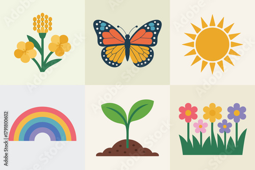Flat color icons for ecosystem, illustrating butterfly, plant, rainbow, representing spring nature and new life,