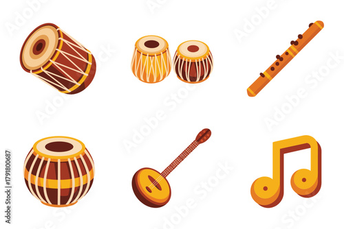 Detailed flat vector icons for cultural music, showing drum, flute, string instrument, representing folk instruments and art,