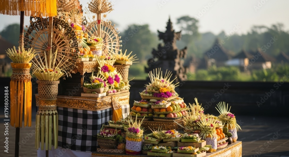 Fototapeta premium Indonesia Nyepi Preparation Altar, bamboo penjor decoration beside offerings