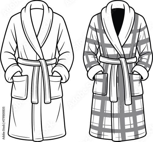 Front view bathrobe fashion illustration with shawl collar, belt, pockets, plain and plaid design, technical garment vector template