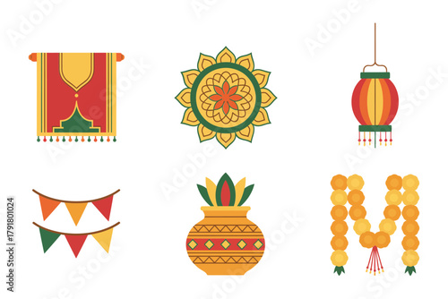 Flat vector icons for holiday decor, featuring lanterns, garlands, pineapple, representing traditional festival and joyous event,