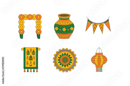Flat vector icons for celebration, featuring garlands, lanterns, flags, representing traditional festival and joyous event,