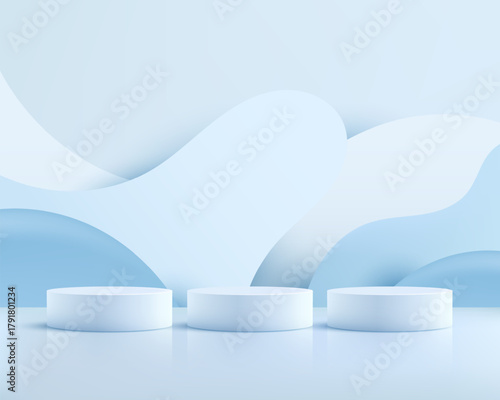 Minimalist 3D Pale Blue Product Display Podium Presentation Stage with Abstract Wavy Background for Cosmetic or Beauty Product Mockup and Advertising