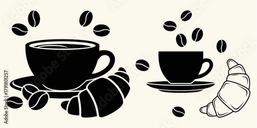 Black and White Coffee, Croissant, and Beans Illustration