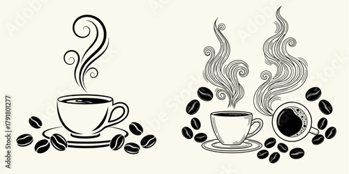 Hand-drawn collection of coffee cup icons with swirling steam and beans, an artistic design concept for cafe menus and branding