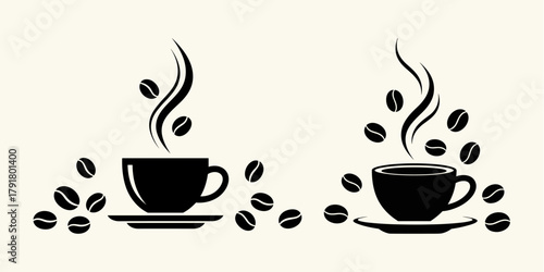 Black coffee cups with steam and scattered beans illustration on a neutral background