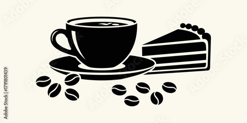 A dark coffee cup with beans and a slice of cake on a neutral background