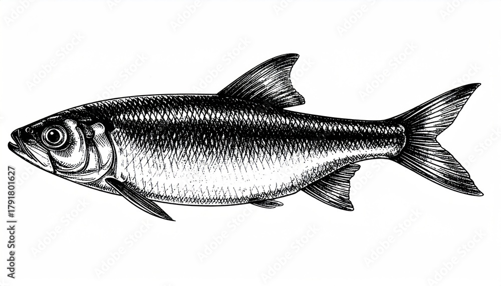 Fototapeta premium Ink sketch of herring. Hand drawn vector illustration of fish isolated on white background. Retro style.
