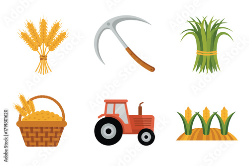 Detailed flat vector icons for farming life, showing wheat, tractor, sickle, representing harvest and agriculture tools,