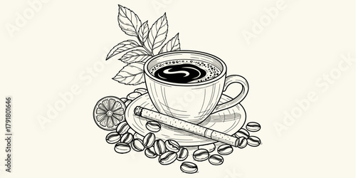 Detailed monochrome drawing capturing the essence of a gourmet coffee experience, complete with rich beans, a warming cinnamon stick, and a hint of citrus