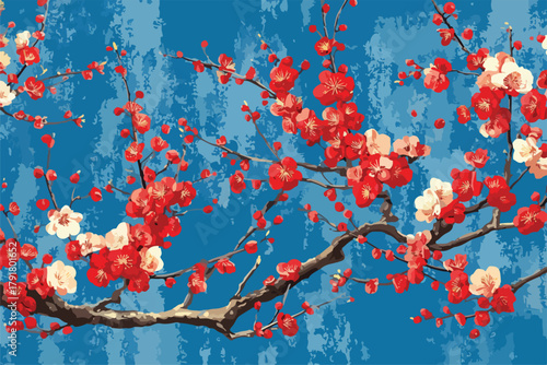 푸른 하늘을 배경으로 붉고 하얀 매화꽃이 만발한 가지의 아름다운 동양화 스타일 벡터 일러스트레이션